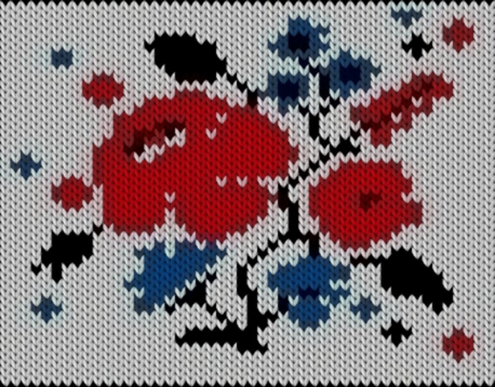 Knitting motif chart, Kalocsai blue red flowers